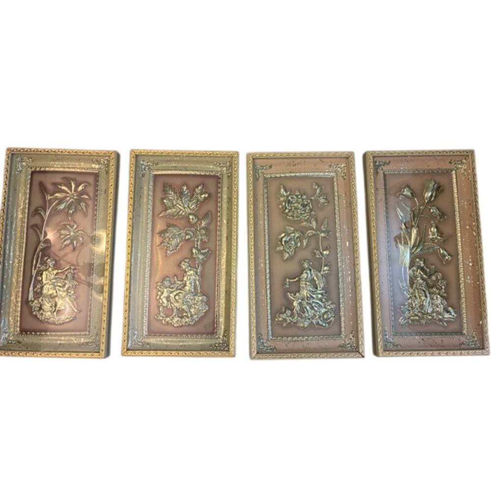 Vintage Mid Century FOUR SEASONS by METALCRAFT Floral Wall Art 15 x 8 Set of 4 - Picture 2 of 7